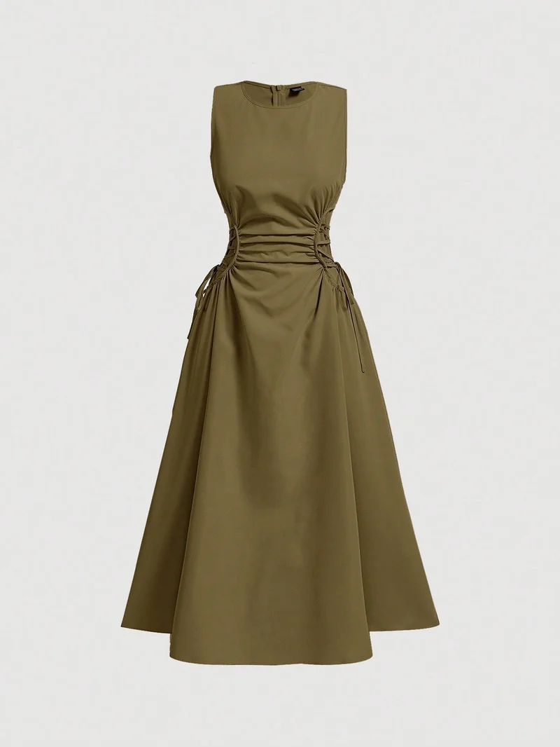 Outzidr  Green Elasticated Cinched Waist Dress for Women | Best Price UAE